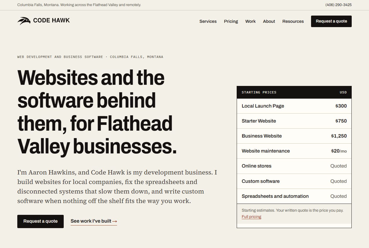 Code Hawk home page: Websites and the software behind them, for Flathead Valley businesses, with a table of starting prices
