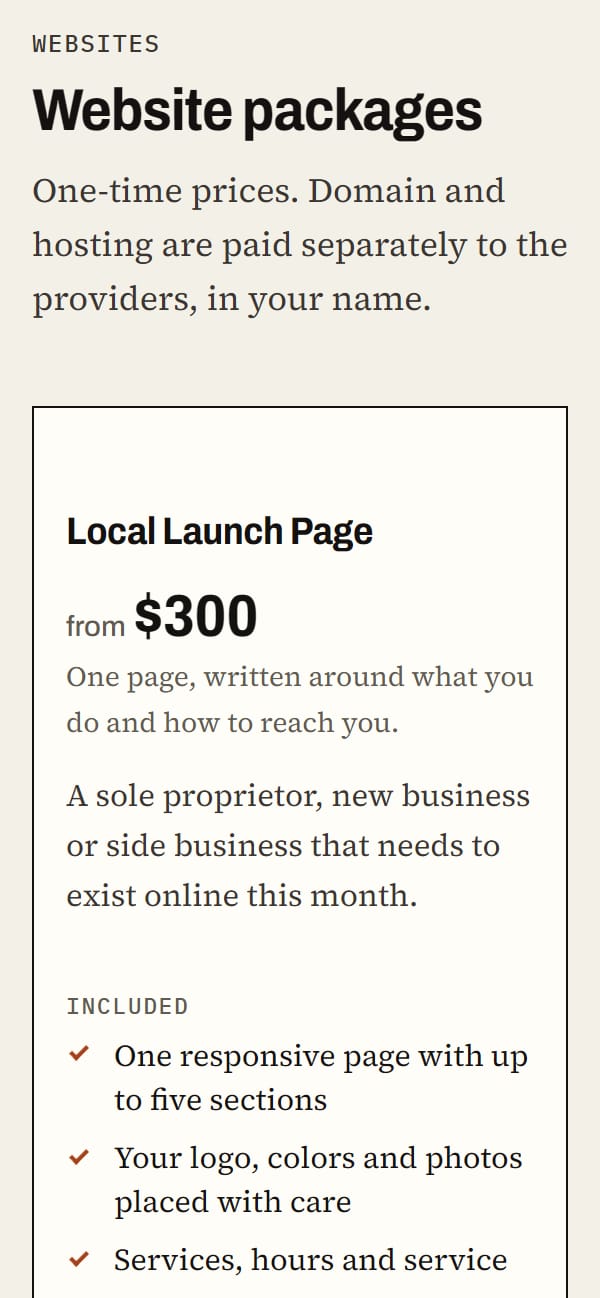 Website packages on a phone, starting with the Local Launch Page from $300