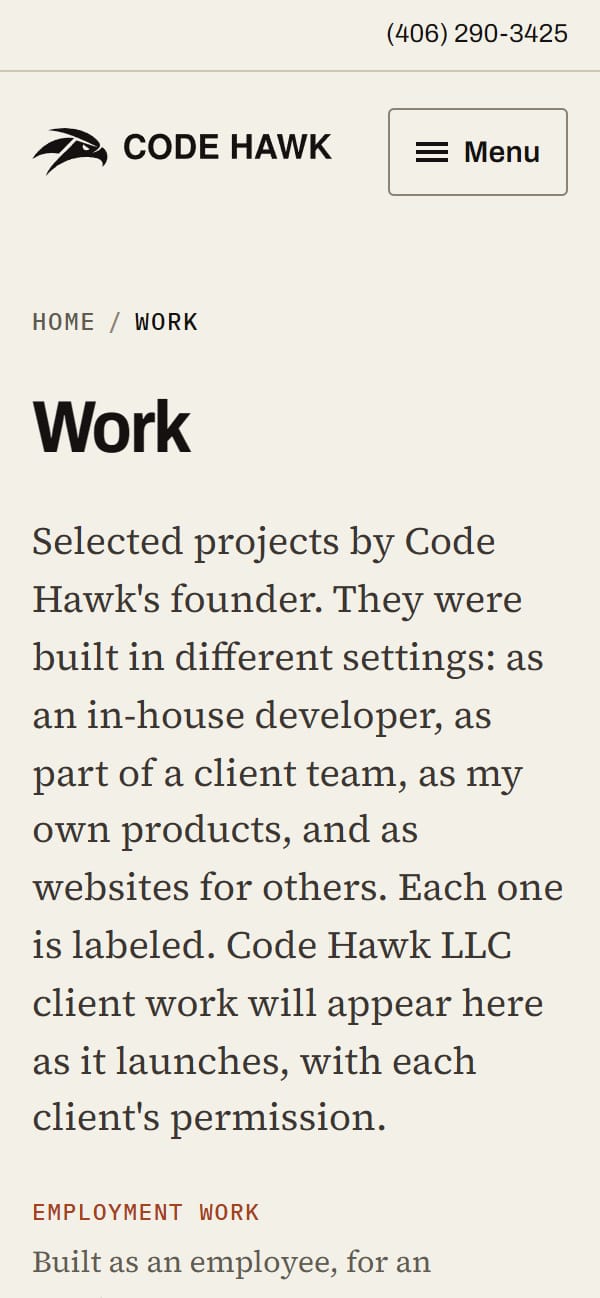 The Work page on a phone, explaining that each project is labeled by how it was built