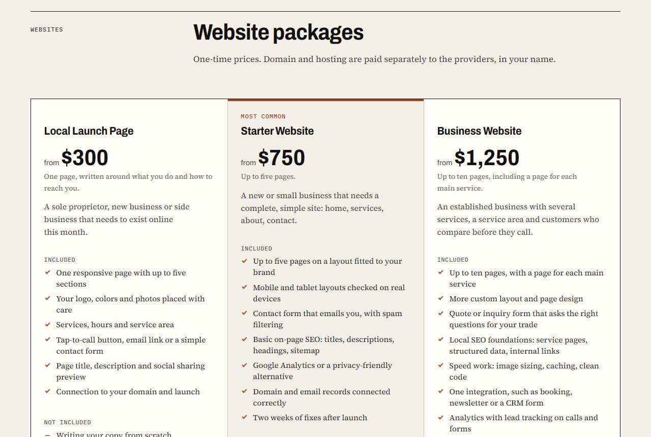 Pricing page showing three website packages with what each one includes