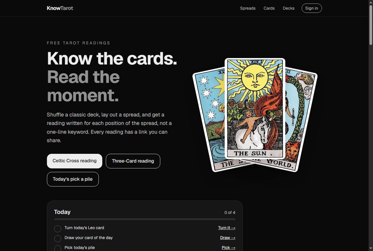 KnowTarot home page with three tarot cards