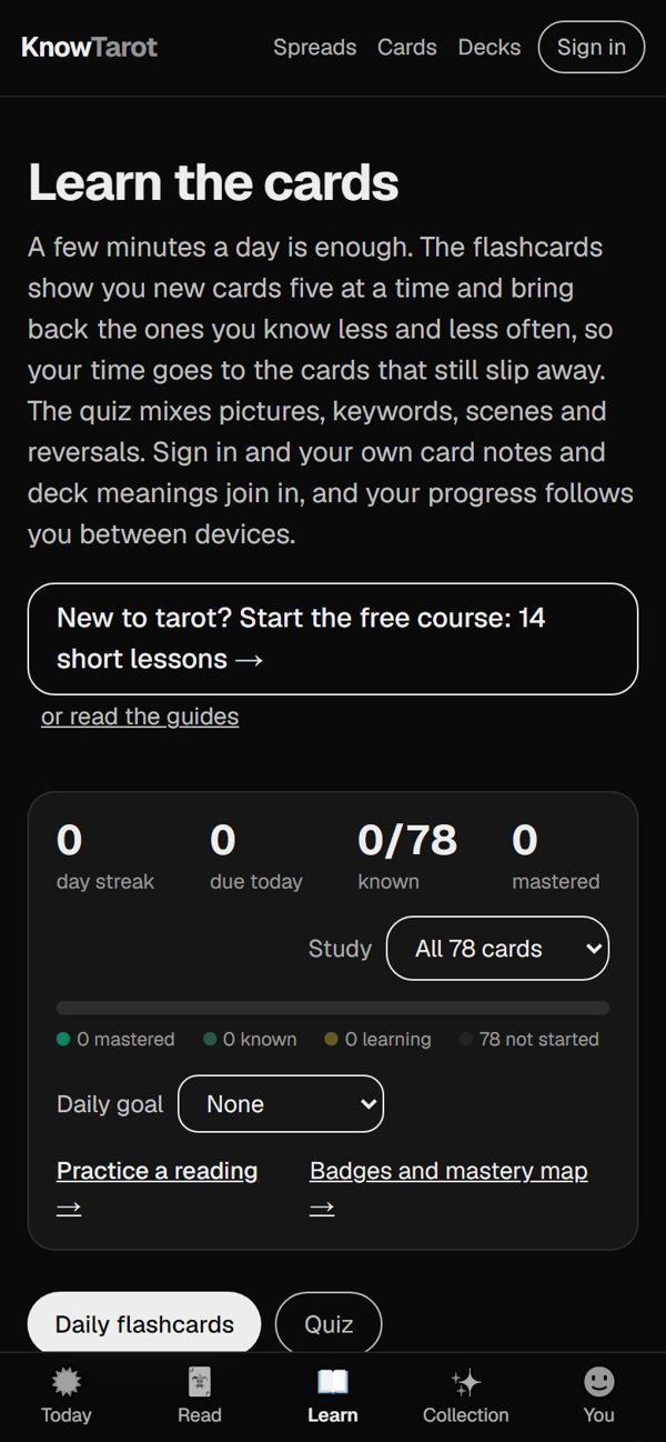 Learn the cards: flashcards, quiz and streaks