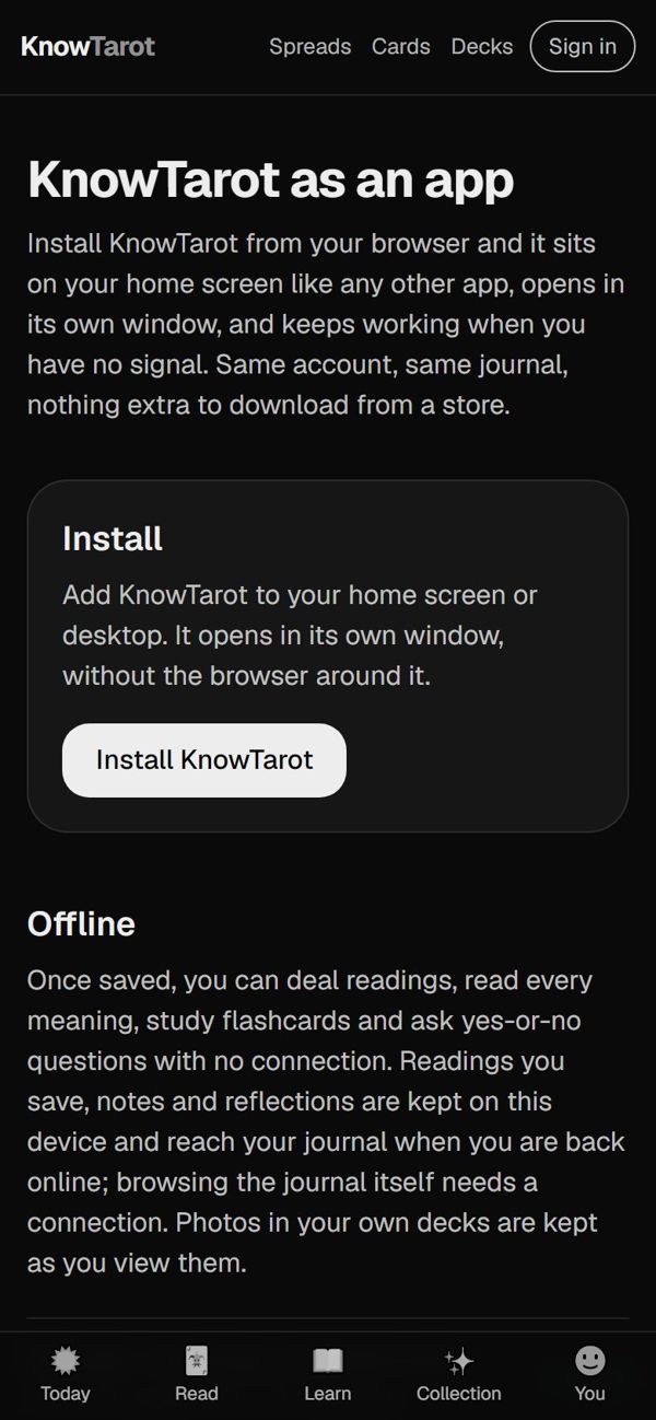 KnowTarot as an installable app that works offline