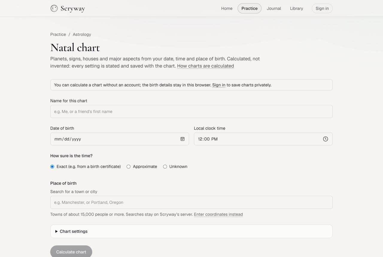 Natal chart form with birth date, time, place and chart settings