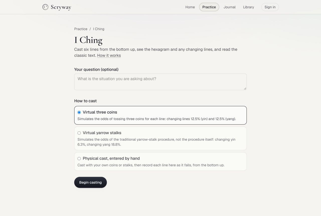 I Ching casting page with three casting methods and their odds