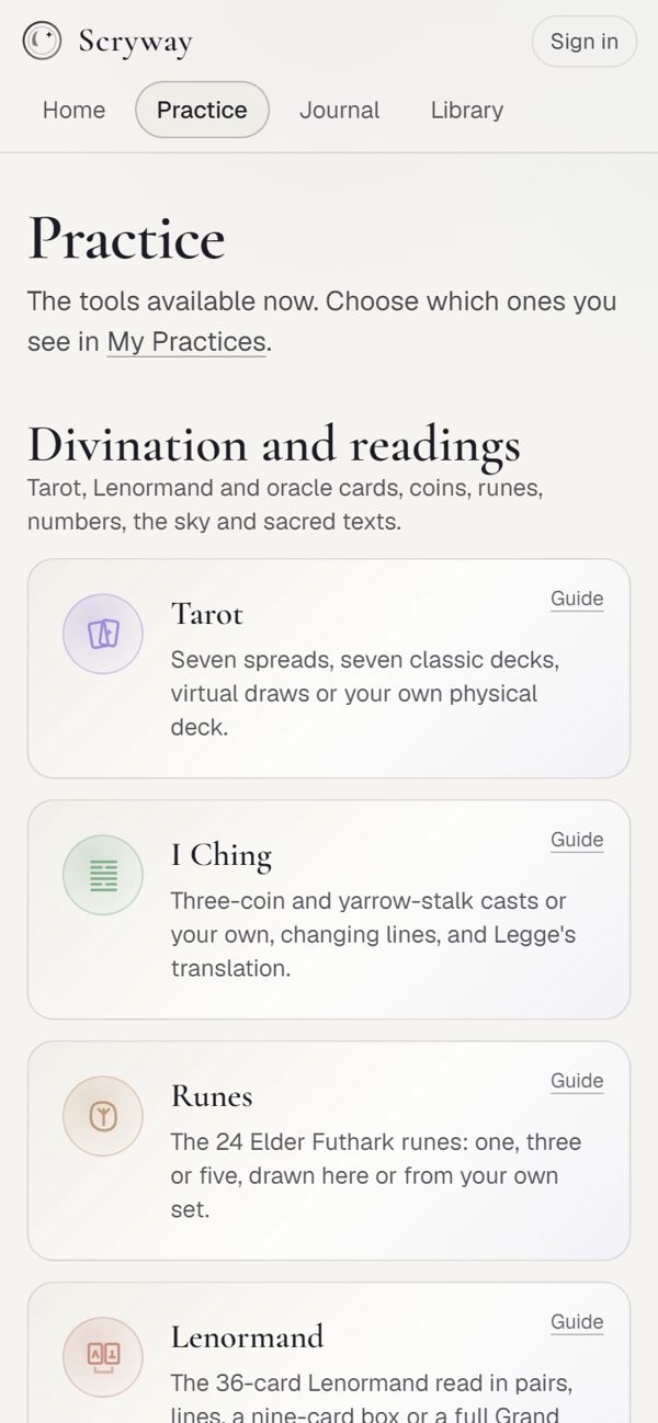 The list of practices on a phone: tarot, I Ching, runes, Lenormand