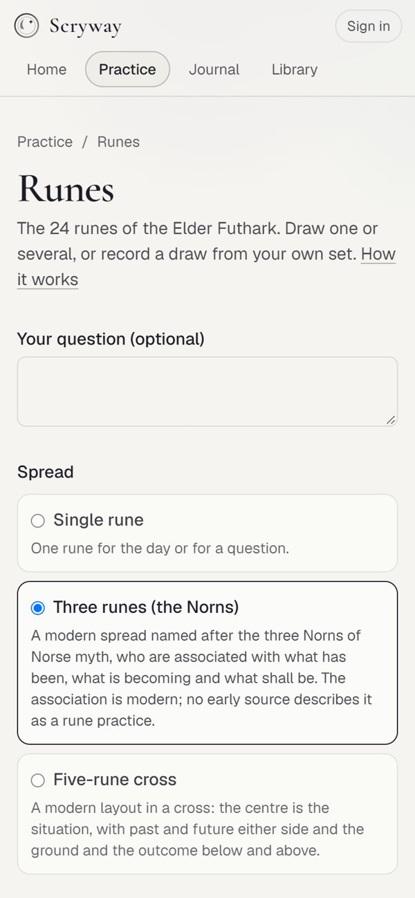 Runes practice on a phone, with a choice of spreads