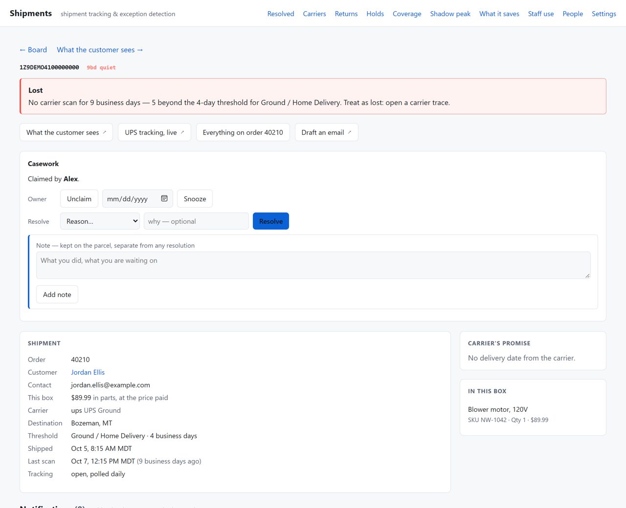 Parcel page for a lost parcel: the reason it is flagged, links to the customer's view, the live carrier page, the whole order and an email draft, casework controls, and the shipment details