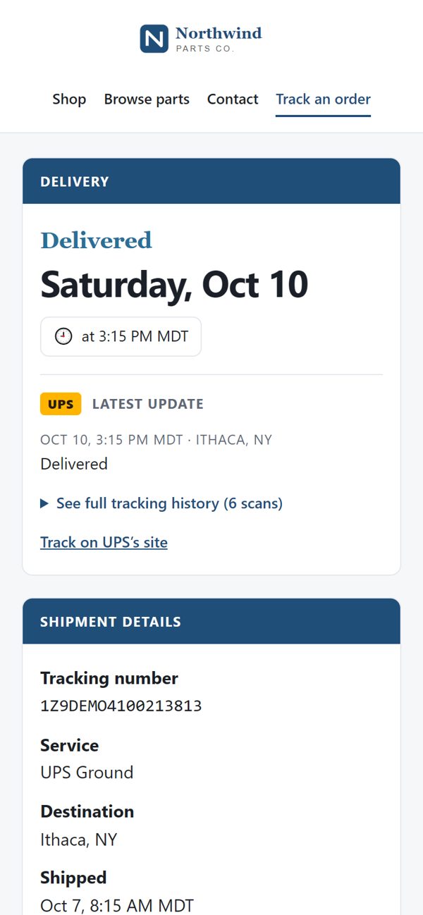 Customer tracking page on a phone: delivered, with the delivery time and shipment details