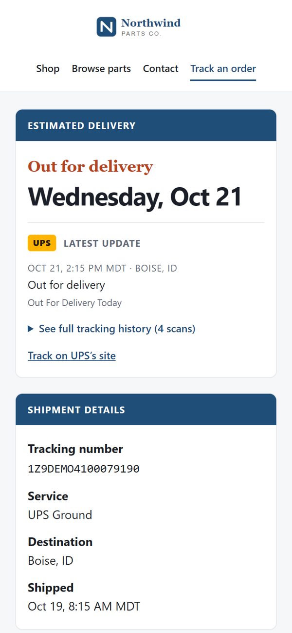 Customer tracking page on a phone: out for delivery today, with the latest carrier update and shipment details